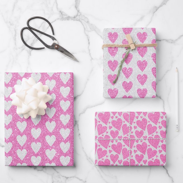 Feuille De Papier Cadeau Saint-Valentin Anniversaire Rose Blanc Paillettes  (Recto)