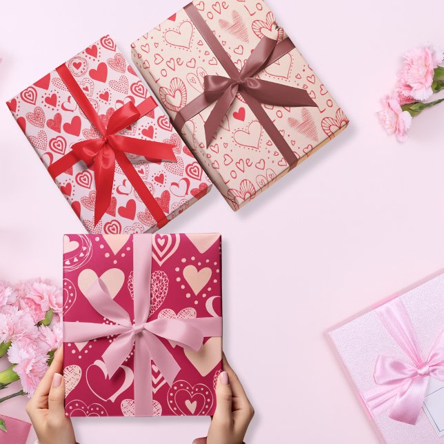Feuille De Papier Cadeau Saint Valentin coeur doux en rose ensemble 3 (Valentine sweet hearts in pink set of 3 wrapping paper sheet)