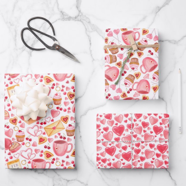 Feuille De Papier Cadeau Saint Valentin Coeurs d'amour rose (Recto)