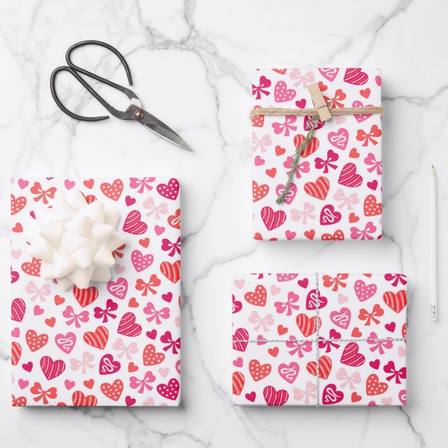 Feuille De Papier Cadeau Saint Valentin Coeurs rouges roses Bows (Recto)