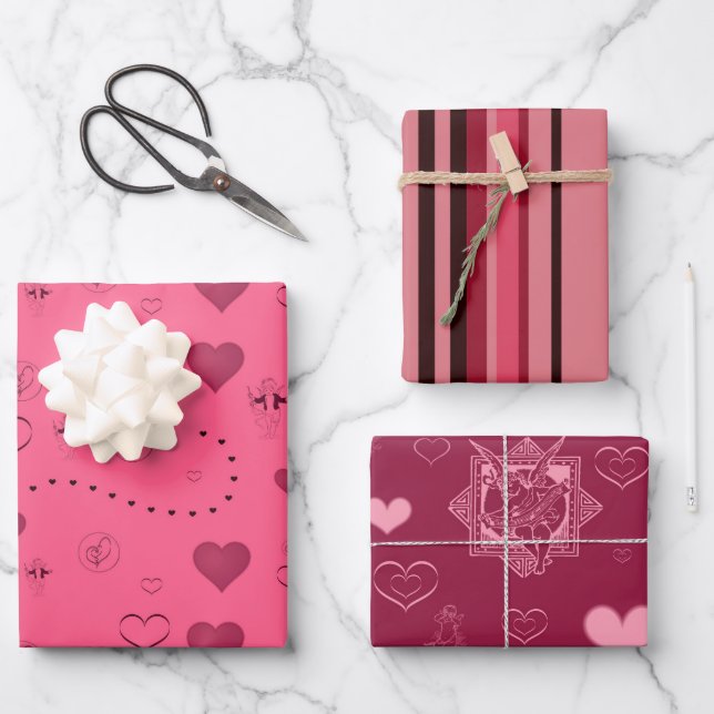Feuille De Papier Cadeau Saint Valentin Coeurs rouges roses Cupid mignonne (Recto)