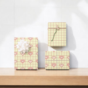 Feuille De Papier Cadeau Saint Valentin Crème de Coeur Rose À damiers Motif