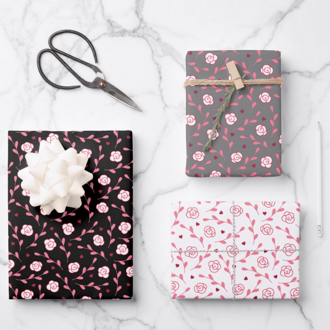 Feuille De Papier Cadeau Saint-Valentin Roses Blanches Délicates Mixtes 2 (Recto)