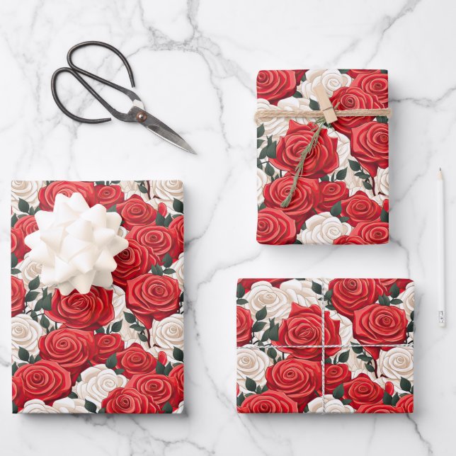 Feuille De Papier Cadeau Saint Valentin Roses rouges et blancs (Recto)