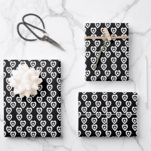 Feuille De Papier Cadeau Saint-Valentin Triple Cœurs Motif Tout Noir