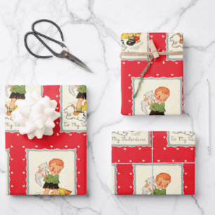 Feuille De Papier Cadeau Saint-Valentin victorien vintage garçon, chat et c