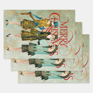 Feuille De Papier Cadeau Salutation de Noël des femmes des années 30 vintag