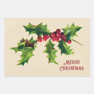Feuille De Papier Cadeau Salutation de Noël vintage Holly