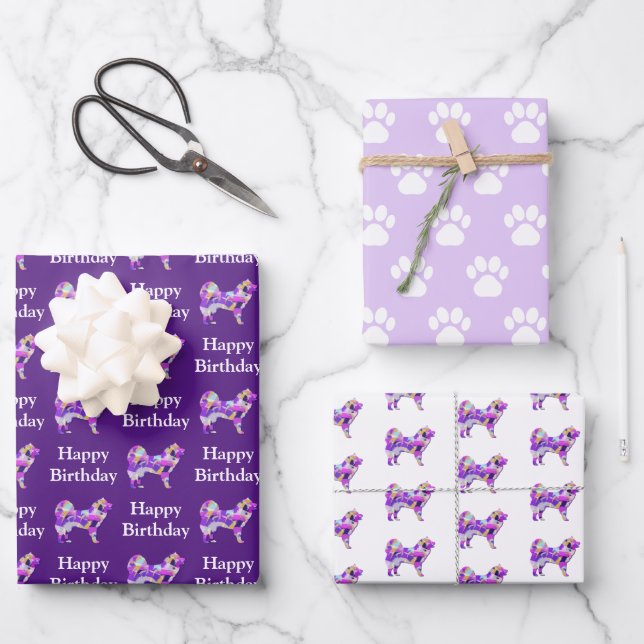 Feuille De Papier Cadeau Samoyed Chien Silhouette violet Joyeux anniversair (Recto)