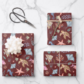 Feuille De Papier Cadeau Sangria Texturée Vie Océanique Aquarelle
