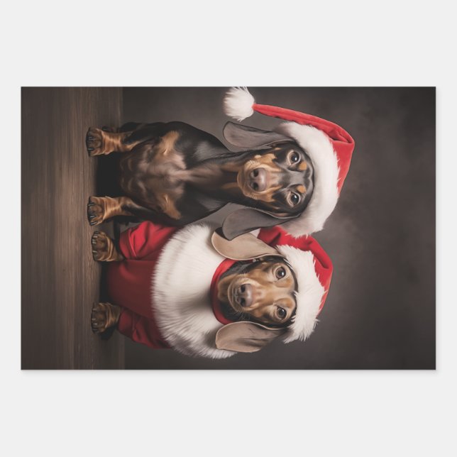 Feuille De Papier Cadeau Santa Claus Dachshund Twins (Devant)