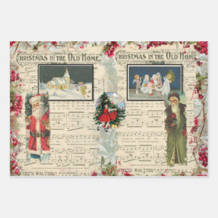 Feuille De Papier Cadeau Santas de Noël Vintage, Enfants, Notes musicales