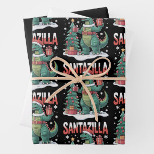 Feuille De Papier Cadeau Santazilla Monstre Japonais Kaiju Noël Dinosaure