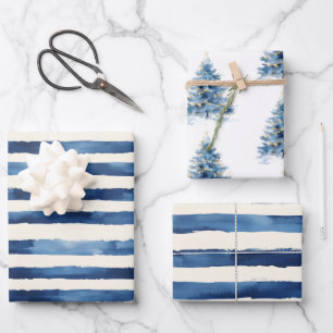 Feuille De Papier Cadeau Sapin de Noël à rayures dorées et bleues