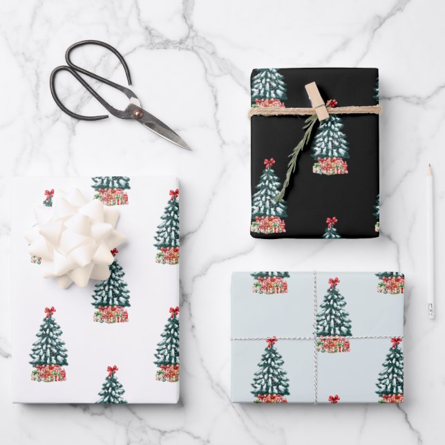 Feuille De Papier Cadeau Sapin de Noël enneigé (Recto)