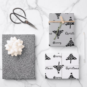 Feuille De Papier Cadeau Sapin de Noël noir Faux paillettes argentées Fêtes