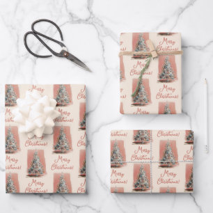 Feuille De Papier Cadeau Sapin de Noël Rose Pâle Vintage