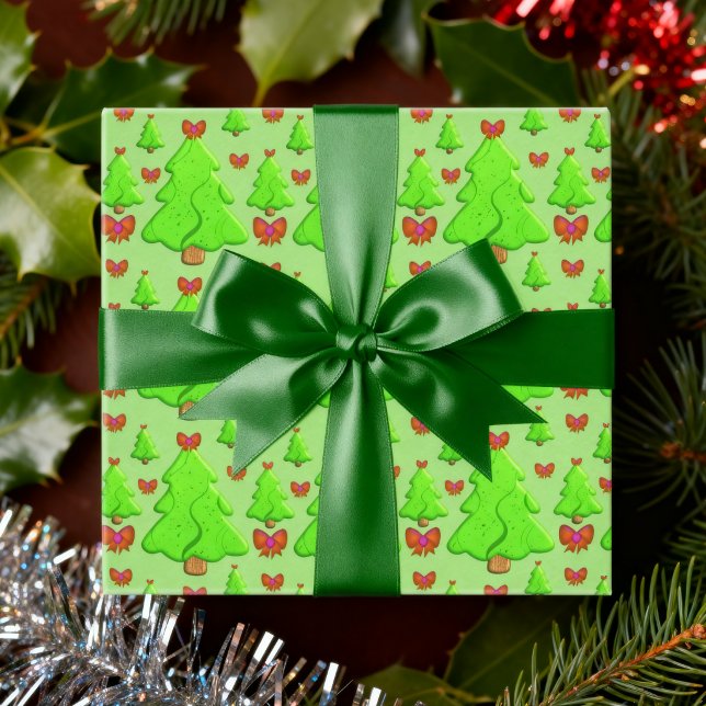 Feuille De Papier Cadeau Sapins de Noël avec rubans rouges (Red and green christmas cheer goes a long way to brightening up your festivities.)