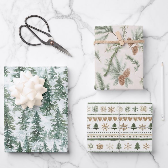 Feuille De Papier Cadeau Sapins de Noël enneigés (Recto)