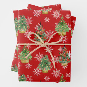 Feuille De Papier Cadeau Sapins de Noël et flocons de neige rouges