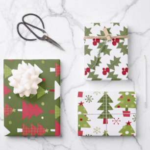 Feuille De Papier Cadeau Sapins de Noël et houx rouge et vert