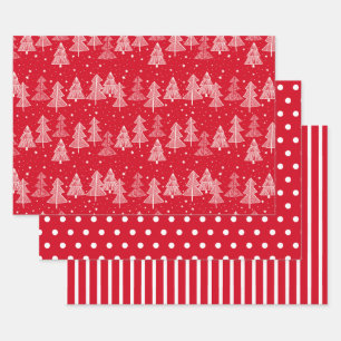 Feuille De Papier Cadeau Sapins de Noël Rouge Blanc pois rayures