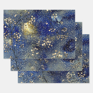 Feuille De Papier Cadeau Sapphire Blue Winter Dusk Sky Gold Snowfall