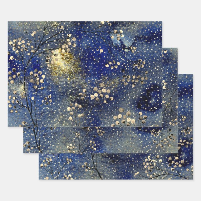 Feuille De Papier Cadeau Sapphire Blue Winter Dusk Sky Gold Snowfall (Lot)