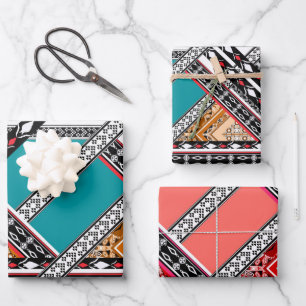 Feuille De Papier Cadeau Sarcelle - Motif Rétro Vintage Turquoise et Corail