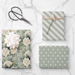 Feuille De Papier Cadeau Sauge blanche verte florale rayée pois
