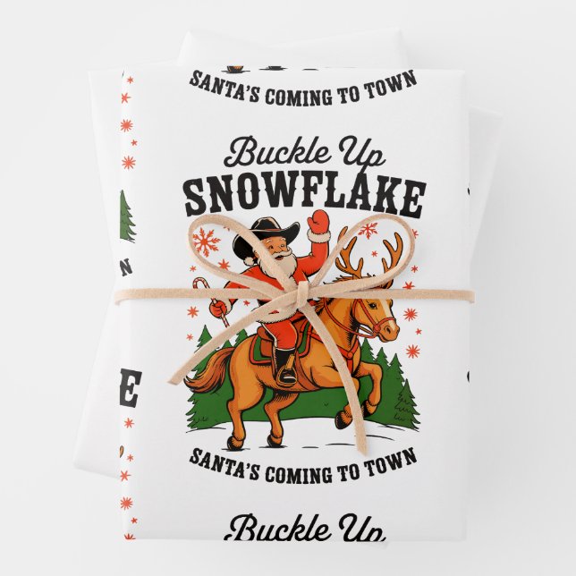 Feuille De Papier Cadeau Saut vers le haut Snowflake Rodeo Cowboy Père Noël (En situation)