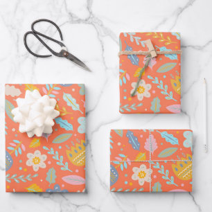 Feuille De Papier Cadeau Scandinavie de la flore folklorique en orange