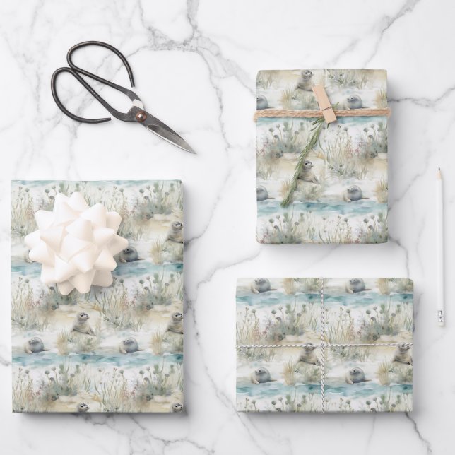 Feuille De Papier Cadeau Sceaux à l'aquarelle Côtiers (Recto)