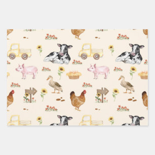 Feuille De Papier Cadeau Scène de ferme à l'aquarelle - Motif sans couture