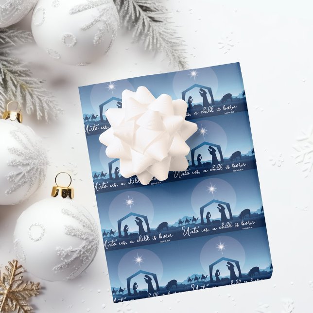 Feuille De Papier Cadeau Scène de Noël religieuse en bleu (Créateur téléchargé)