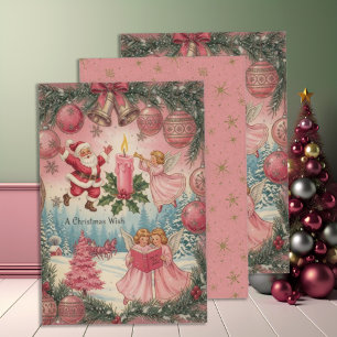 Feuille De Papier Cadeau Scène de Noël rose vintage