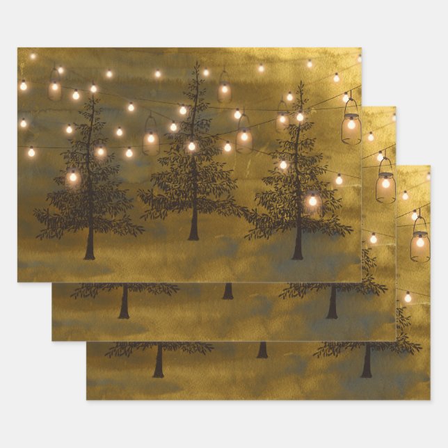 Feuille De Papier Cadeau Scène d'hiver rustique Lumières dorées (Lot)