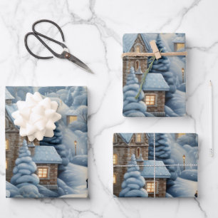 Feuille De Papier Cadeau Scène du village de Noël