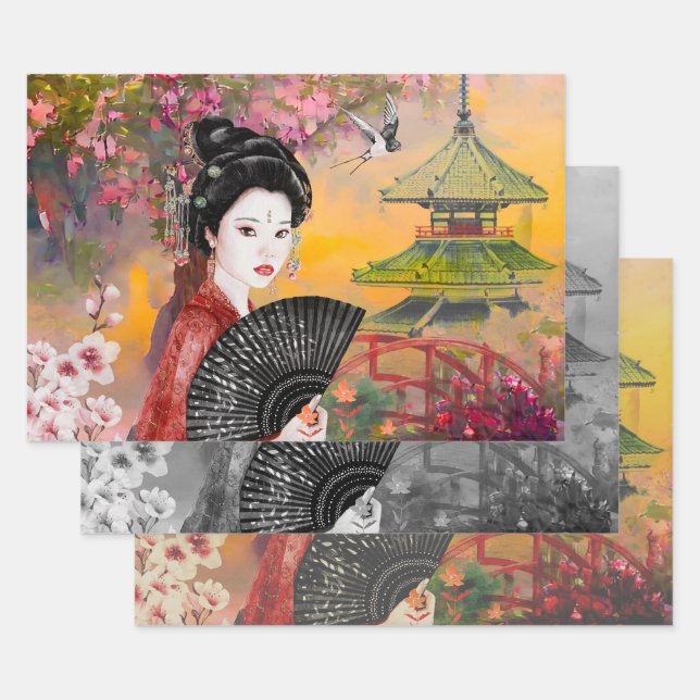 Feuille De Papier Cadeau Scène Japonaise Avec Une Femme (Lot)