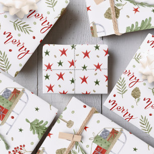 Feuille De Papier Cadeau Scène "Joyeux", Scènes de glisse douillettes, Étoi