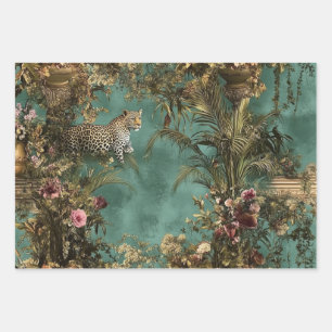Feuille De Papier Cadeau Scène luxuriante ornée feuillage léopard fleurs vi