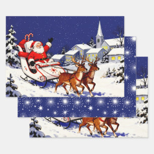 Feuille De Papier Cadeau Scène vintage de Noël avec le Père Noël agitant la