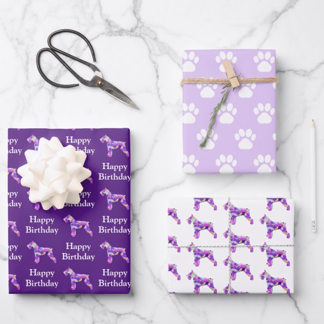 Feuille De Papier Cadeau Schnauzer Chien Silhouette Purple Joyeux Anniversa (Recto)