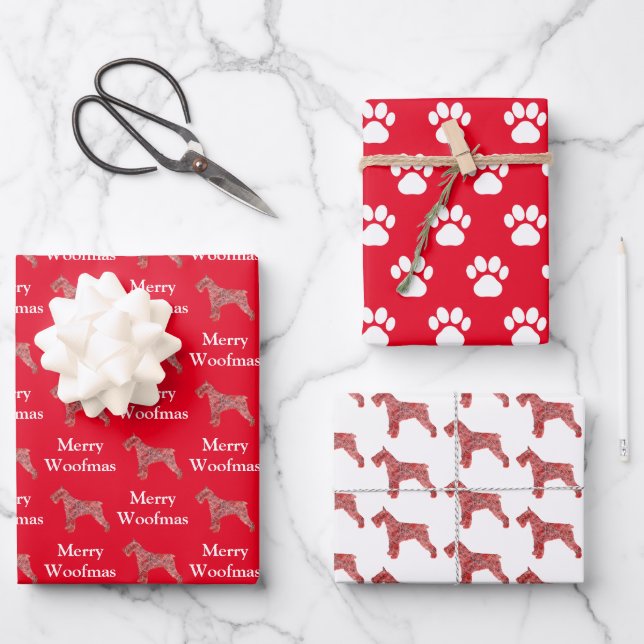 Feuille De Papier Cadeau Schnauzer Chien Silhouette Rouge Merry Woofmas (Recto)