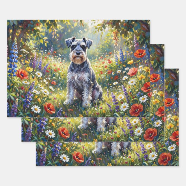 Feuille De Papier Cadeau Schnauzer in Wildflower Meadow Decoupage (Lot)