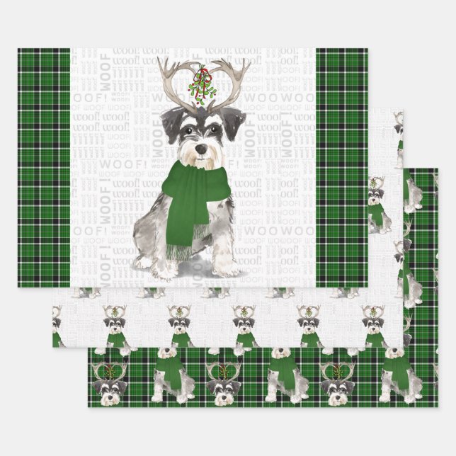 Feuille De Papier Cadeau Schnauzer miniature Chien de Noël et Plaid vert (Lot)
