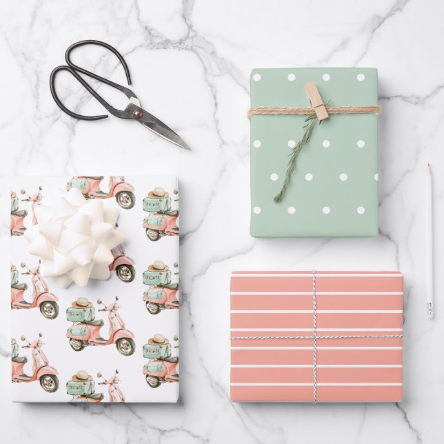 Feuille De Papier Cadeau Scooter côtier rose et aqua mignon (Recto)