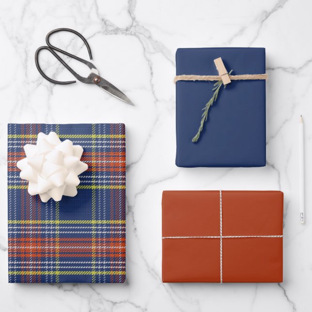 Feuille De Papier Cadeau Scott Blue Burnt Orange Scottish Tartan Christmas (Recto)
