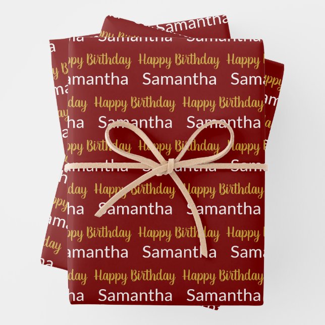 Feuille De Papier Cadeau Script d'anniversaire or rouge foncé et blanc Nom (En situation)