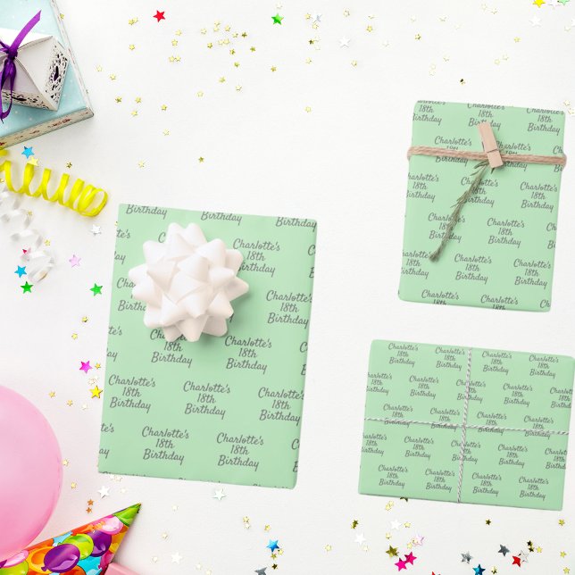 Feuille De Papier Cadeau Script de nom gris vert menthe d'anniversaire (Créateur téléchargé)